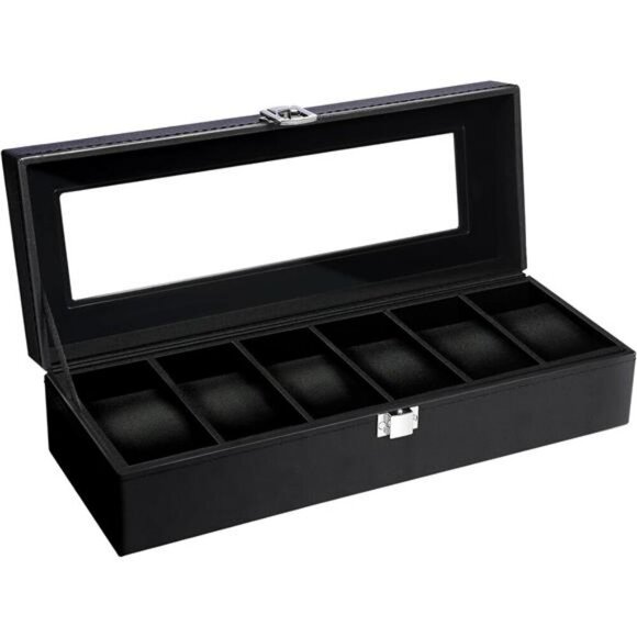 Uten Watch Box Glass Display Organizer 6 Slot PU Leather Case for Men Women - Picture 1 of 8